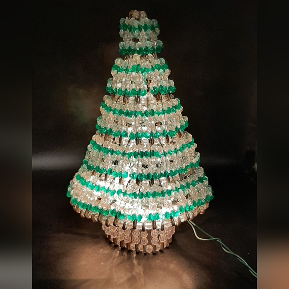 Vintage Handmade Saftely Pin Beaded Green Christmas Tree 10" String Lights - Picture 2 of 5